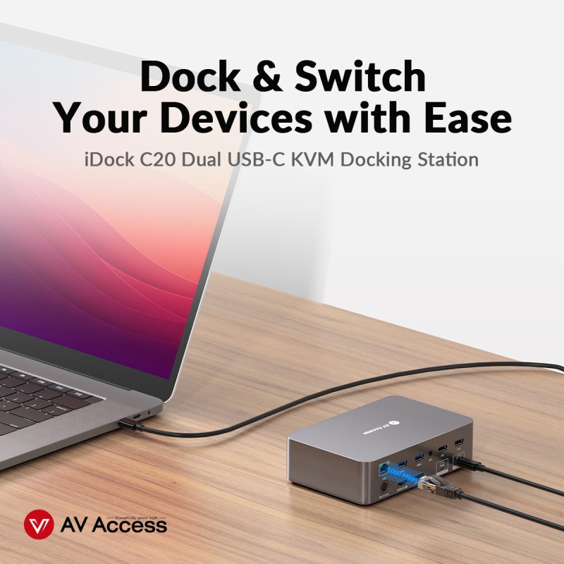 iDock C20 USB-C KVM Switch Docking Station dla 2 laptopów, 4K Dual Monitor Design
