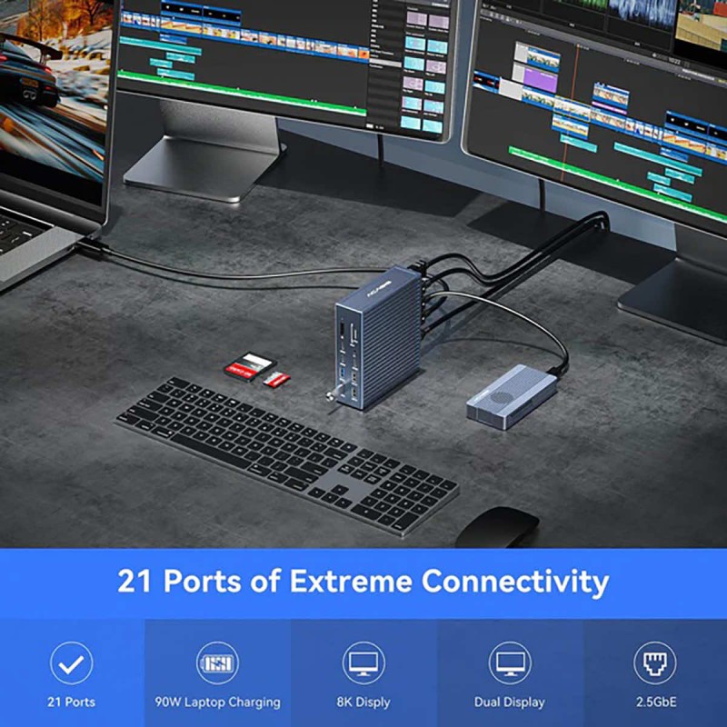 Acasis 21 Ports 40Gbps Thunderbolt 4 Docking Station USB-C, USB-A, LAN 2,5GbE, HDMI, minijack, microSD, SD
