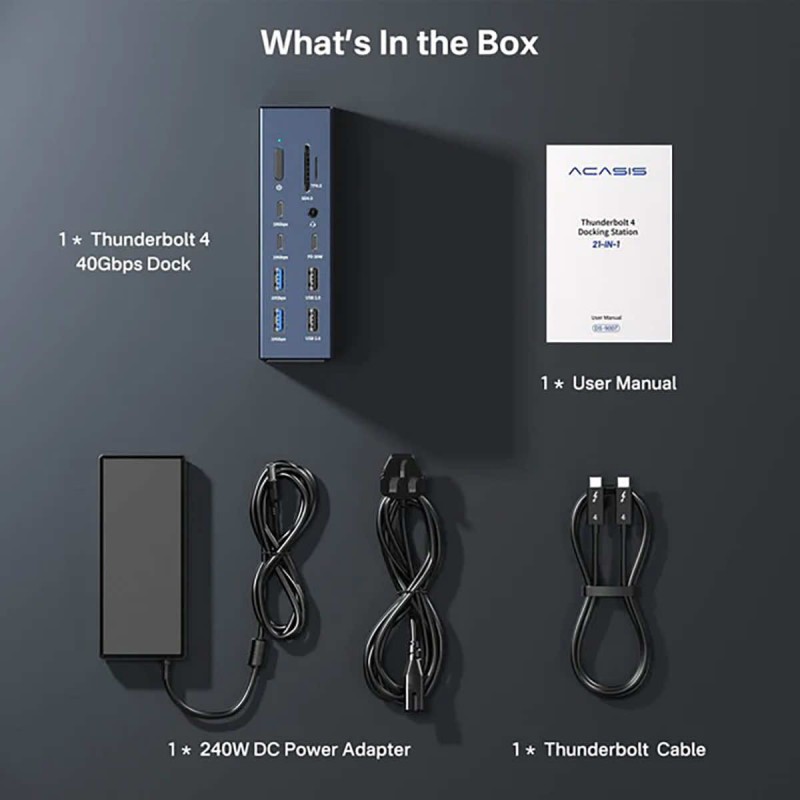 Acasis 21 Ports 40Gbps Thunderbolt 4 Docking Station USB-C, USB-A, LAN 2,5GbE, HDMI, minijack, microSD, SD