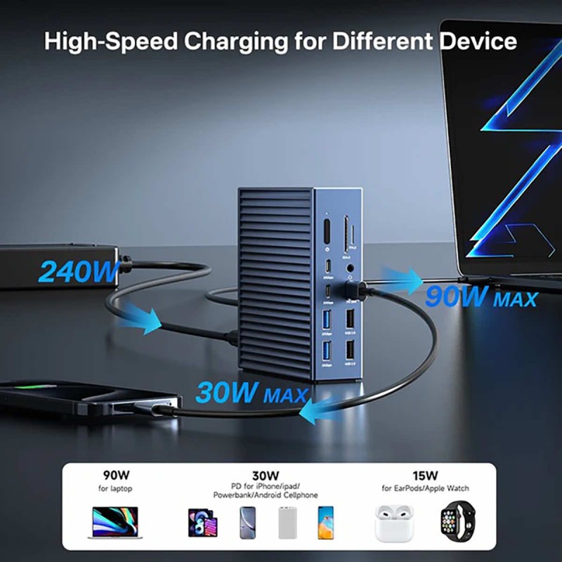 Acasis 21 Ports 40Gbps Thunderbolt 4 Docking Station USB-C, USB-A, LAN 2,5GbE, HDMI, minijack, microSD, SD