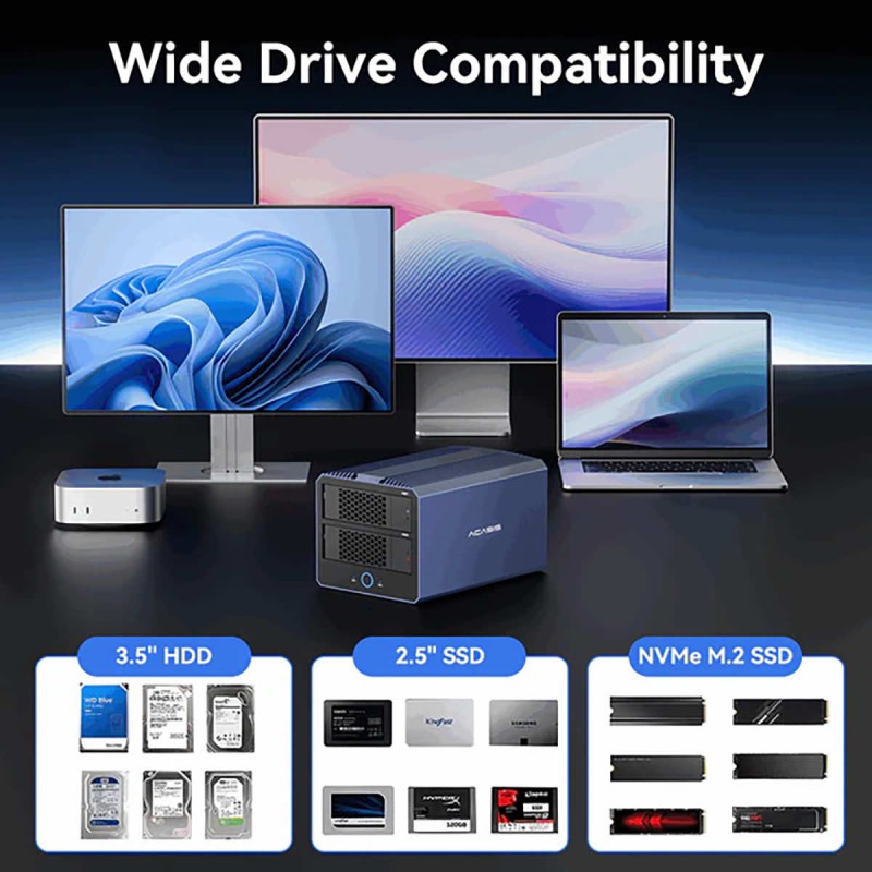 Acasis 2x HDD/SSD SATA hardware RAID enclosure + 2x SSD NVMe 40Gb/s up to 6000MB/s Thunderbolt | USB4 + DisplayPort