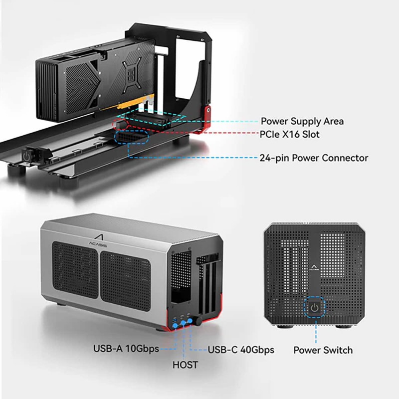 Acasis eGPU Dock 40Gb/s External Box for 1x PCIe 3.0 x16 to Thunderbolt | USB4 with USB-A 10Gb/s | z zasilaczem SFX 650W