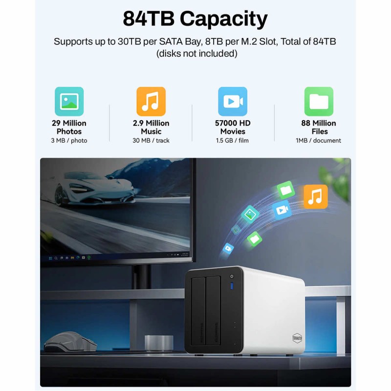 NAS TerraMaster F2-425 Plus 1x256GB NVMe + 2xM.2 Slot 0TB HDD 2x 5GbE 8GBRAM 4xUSB TOS pre-installed